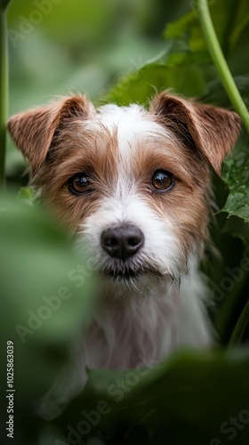  A small brown-and-white dog with blue eyes hides behind a lush, green plant, its leaves framing the dog's form