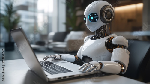 AI bots are becoming more common. Imagine a helpful robot woman using a laptop to create AI software. This technology uses programming and coding, with the help of AI chatbots, to build new software.