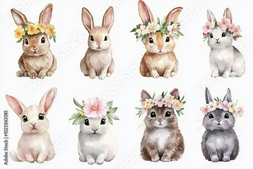 An elegant pink floral wreath isolated on a set of cats and bunnies, a unique nursery wall art design