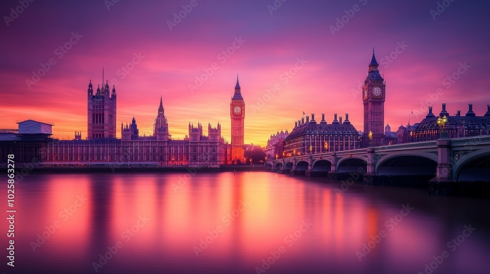 Fototapeta premium London's iconic big ben skyline and the surrounding area, front view with building reflection on water