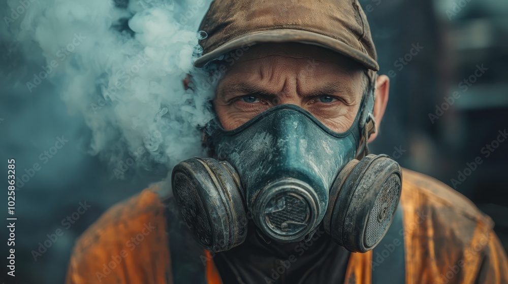 Man in a factory with smoke in the background wearing a protective mask and respirator close up facing the camera 8k Man in a factory with smoke in the background wearing a protective mask and respirator close up facing the camera 8k