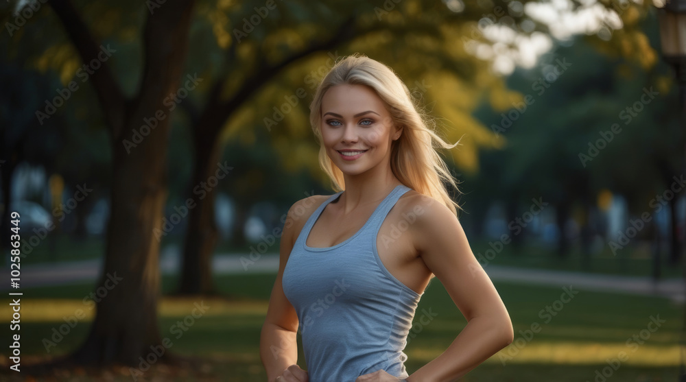 A beautiful smiling blonde girl running in the park A beautiful smiling blonde girl running in the park