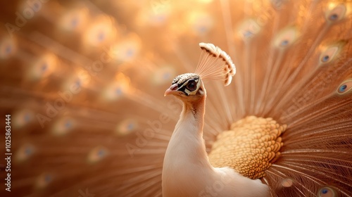 An elegant peacock displaying its golden plumage with vibrant eyespots, illuminated by soft morning light, creating an aura of grace and magnificence. photo