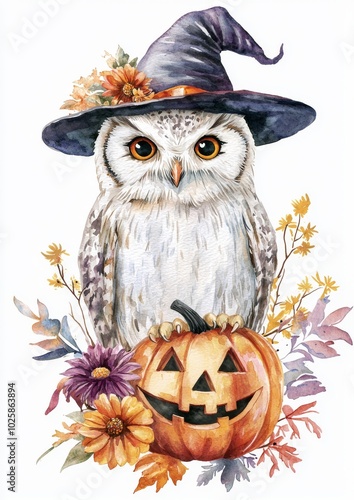 Spooky Halloween owl in witch hat, pumpkin, autumn leaves, flowers, hand-painted watercolor illustration photo