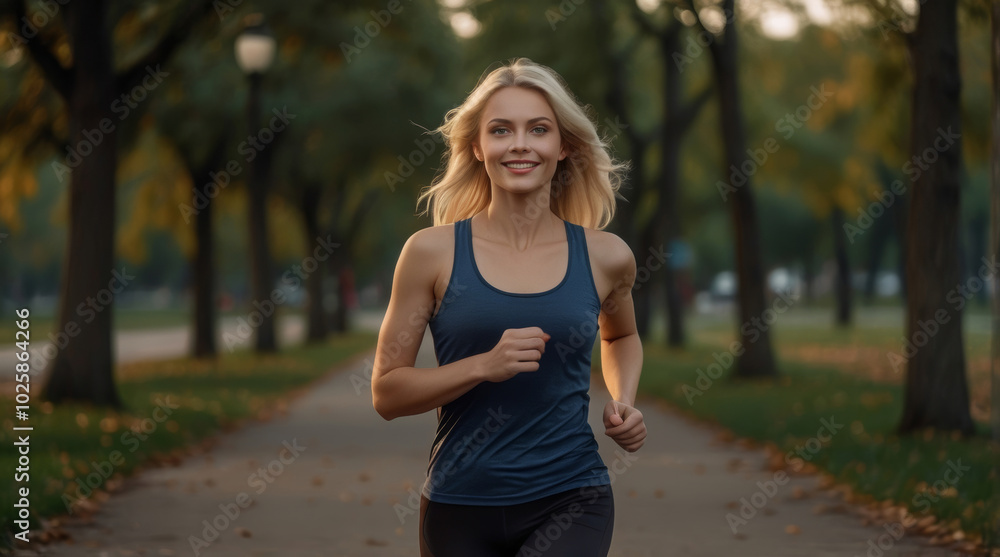A beautiful smiling blonde girl running in the park A beautiful smiling blonde girl running in the park