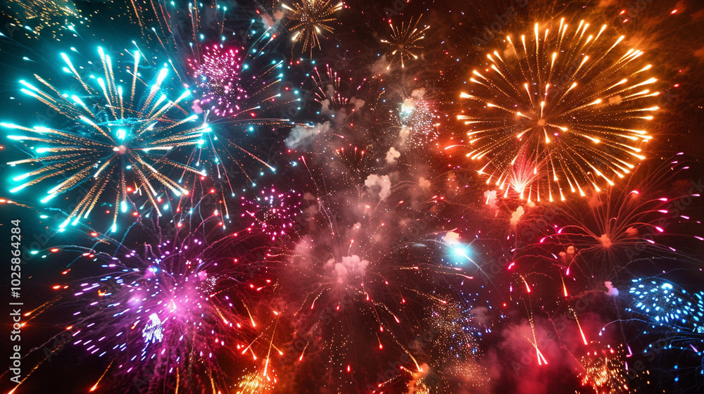 Fototapeta premium A vibrant explosion of colorful fireworks illuminates the night sky, creating a festive and celebratory atmosphere with bright lights and patterns. 