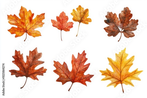 Hand-painted watercolor illustrations of realistic fall oak leaves and birch leaves for a nature-inspired project