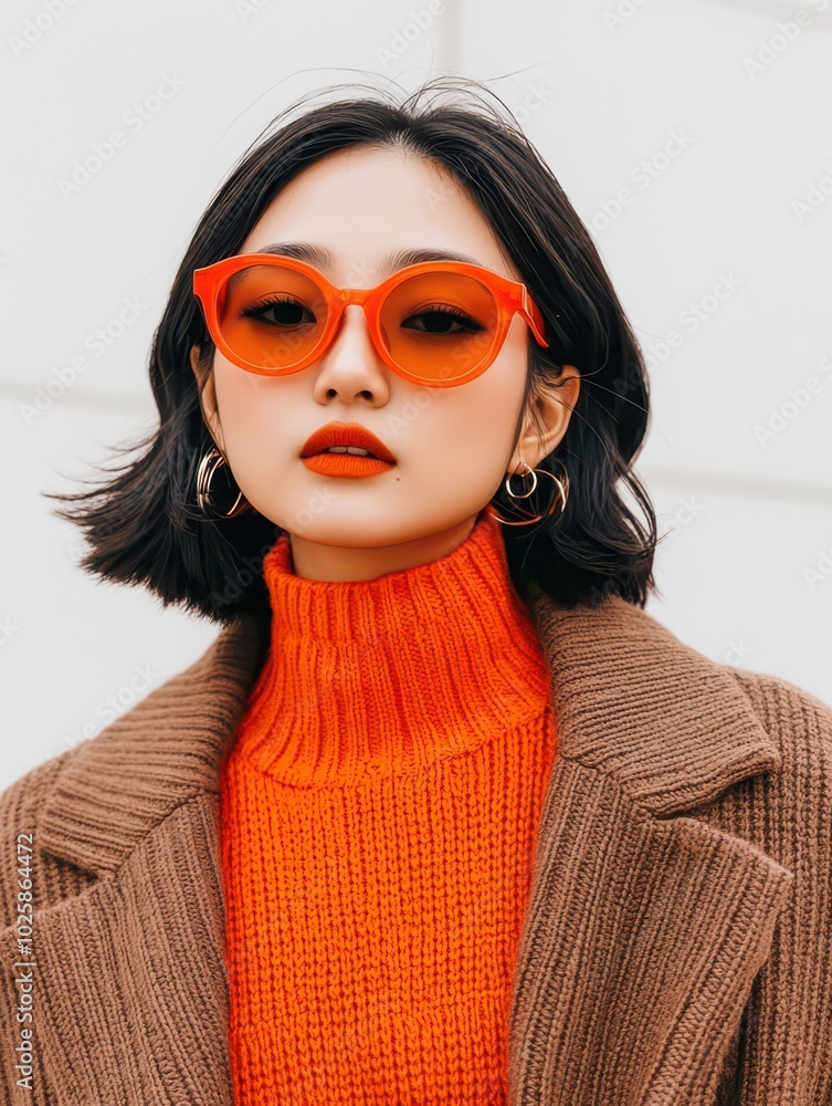 A fashionable autumn street style look showcases layered clothing in vibrant orange and brown tones. A fashionable autumn street style look showcases layered clothing in vibrant orange and brown tones.
