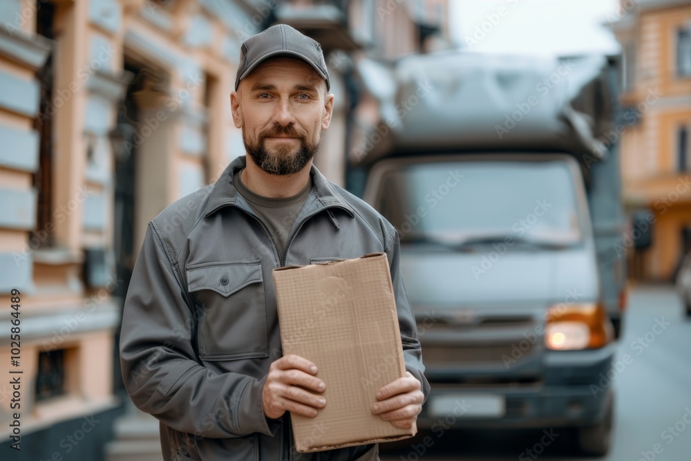 handsome man in gray uniform holding blank cardboard parcel, delivery man standing in front of the house, gray delivery truck on road in the background. ai generated handsome man in gray uniform holding blank cardboard parcel, delivery man standing in front of the house, gray delivery truck on road in the background. ai generated