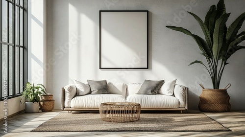 Contemporary living room with a white couch, coffee table, large window, rug, potted plant, and a big blank frame on the wall. photo