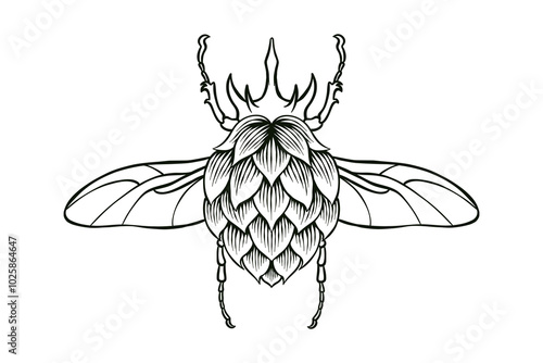 black and white illustration of the combination of hops and beetles