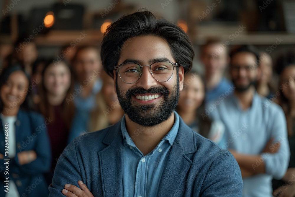 Confident Young Entrepreneur with Diverse Team in Background, Diverse Corporate Team with Sikh Leader in Modern Office Setting