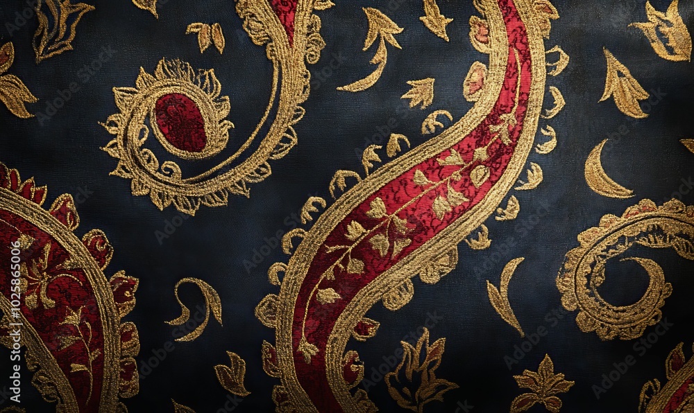 Dark fabric with gold and red floral pattern. Dark fabric with gold and red floral pattern.