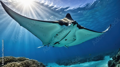 Beautiful image of a mantarraya (stingray) swimming in crystal-clear waters above a coral reef, with sunlight streaming through the ocean. Ideal for nature, marine, and underwater photography themes