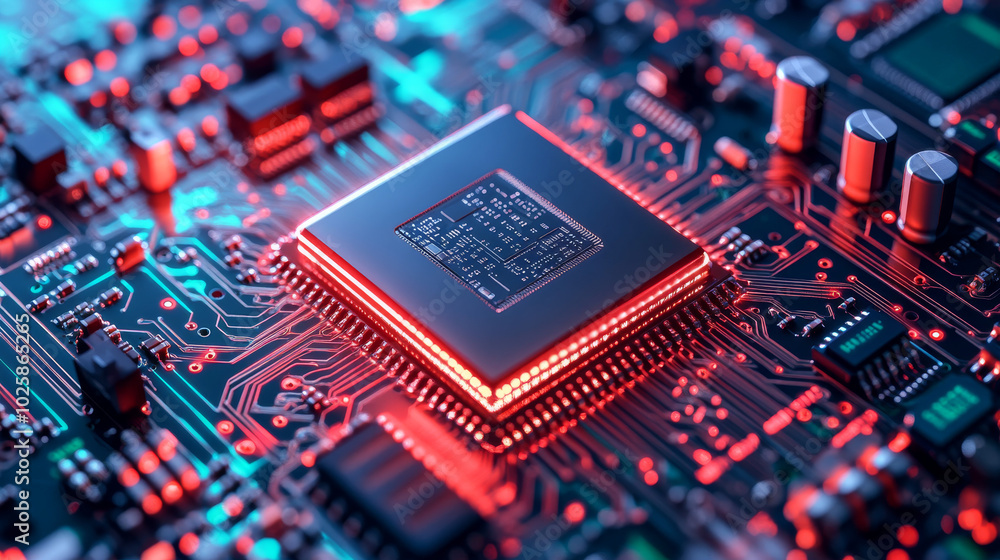 A quantum computer uses a new way of thinking about computing. This image shows a futuristic computer chip with its parts on a circuit board. It represents the idea of advanced electronics. A quantum computer uses a new way of thinking about computing. This image shows a futuristic computer chip with its parts on a circuit board. It represents the idea of advanced electronics.