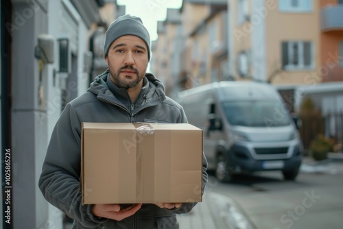 handsome man in gray uniform holding blank cardboard parcel, delivery man standing in front of the house, gray delivery truck on road in the background. ai generated