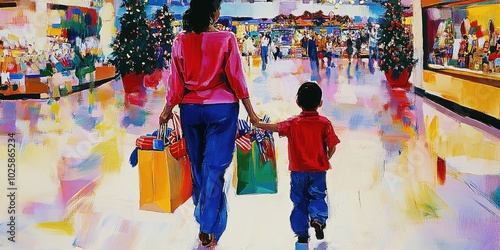 A mother and her child shopping for holiday gifts at a large department store, both carrying brightly colored shopping bags filled with presents, surrounded by festive de