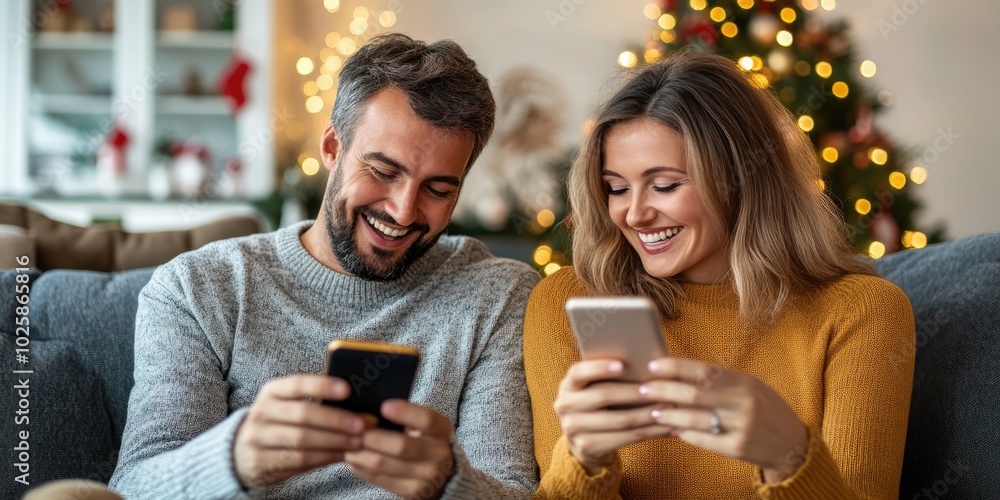 A couple sitting on the couch, shopping for holiday gifts on their phones, surrounded by festive decorations and a glowing Christmas tree in the corner. A couple sitting on the couch, shopping for holiday gifts on their phones, surrounded by festive decorations and a glowing Christmas tree in the corner.