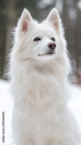  A white dog sits in the snow, gazing off into the distance with its head tilted to the side