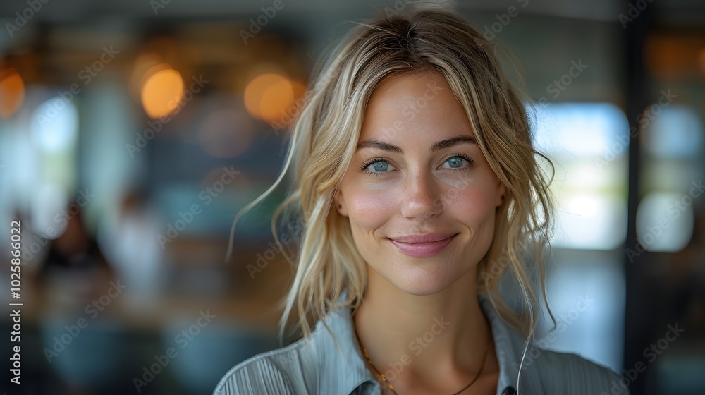 Natural Portrait of Smiling Woman in Office Setting Natural Portrait of Smiling Woman in Office Setting