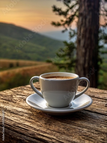 A relaxing cup of coffee against a beautiful backdrop of nature