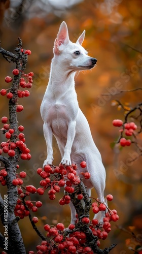  A small white dog atop a red-berried tree gazes seriously into the camera