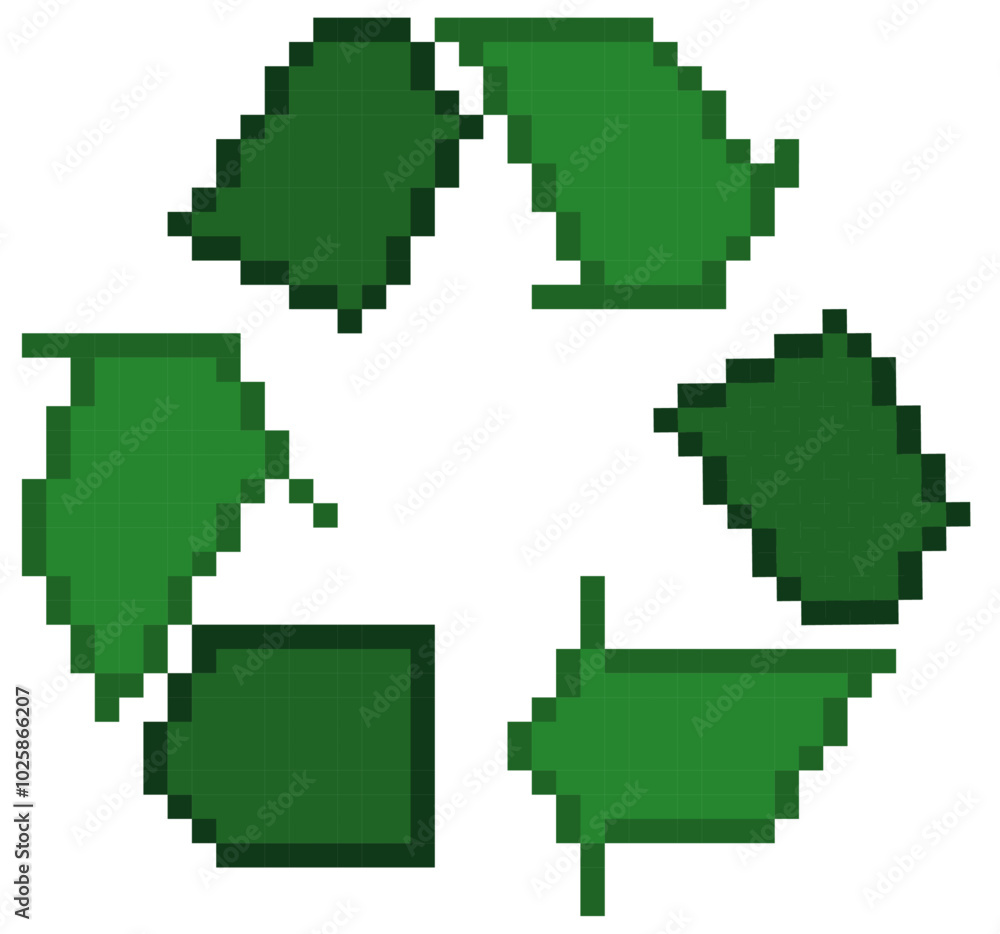 Recycling symbol pixel art icon, retro vector illustration. Recycling symbol pixel art icon, retro vector illustration.