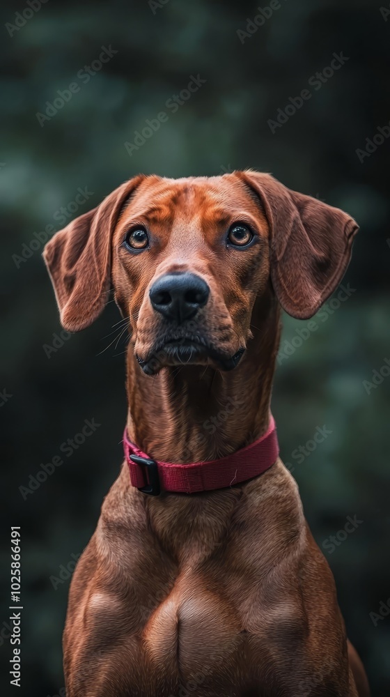 A brown dog wearing a red collar sits before a black backdrop, gazing at the camera with a serious expression A brown dog wearing a red collar sits before a black backdrop, gazing at the camera with a serious expression