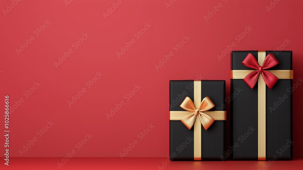 Red and black Christmas gift boxes with golden ribbons, 3D illustration Red and black Christmas gift boxes with golden ribbons, 3D illustration