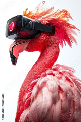 Realistic profile portrait of a flamboyant flamingo wearing a sleek VR headset, side view, highly detailed pink feathers photo