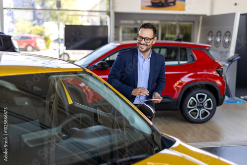 Handsome bearded car dealership worker in suit is holding a folder and smiling while standing near the car