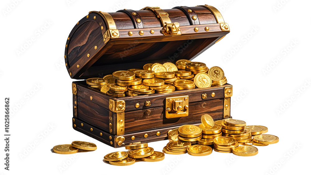 Naklejka premium Set Of Treasure chest filled with gold coins on transparent background....