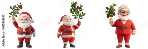 Three cheerful Santa Clauses holding festive greenery on a white isolated background.