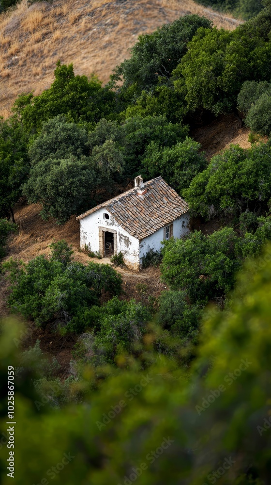 A white house atop a lush, green hillside adjacent to a hillside densely covered in trees A white house atop a lush, green hillside adjacent to a hillside densely covered in trees
