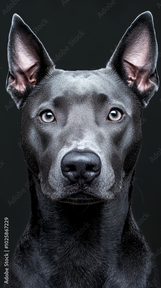 A close-up of a dog's face against a solid black background A close-up of a dog's face against a solid black background