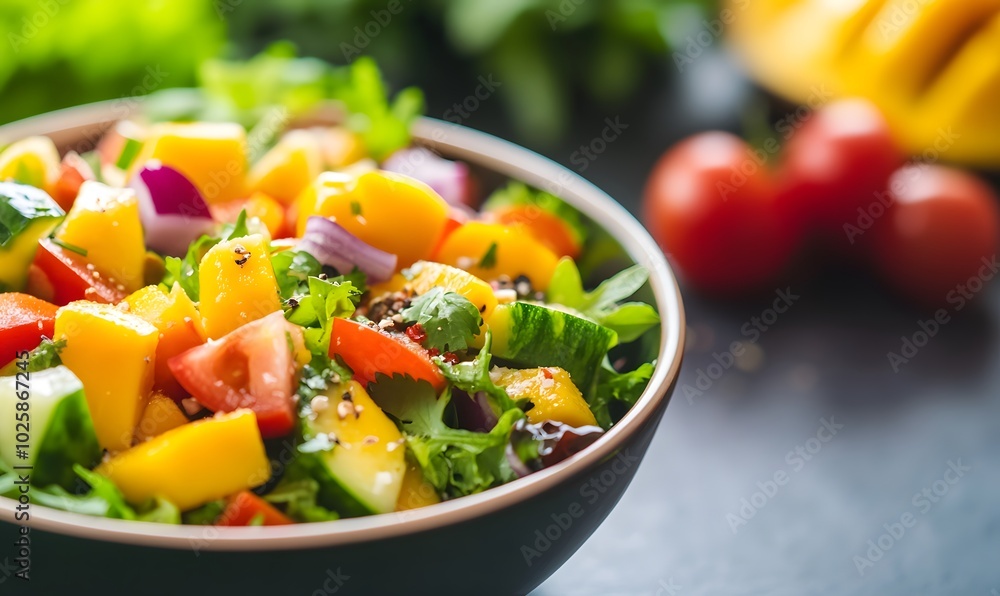 Vegan salad featuring and succulent mango chunks displayed, Generative AI Vegan salad featuring and succulent mango chunks displayed, Generative AI
