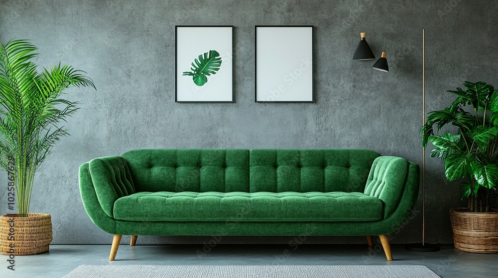 Obraz premium A green sofa positioned in a minimalist living room against a grey concrete wall with two art posters, showcasing modern interior design.