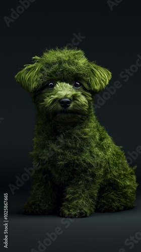  A tight shot of a small dog with a green headcovering and a black backdrop photo