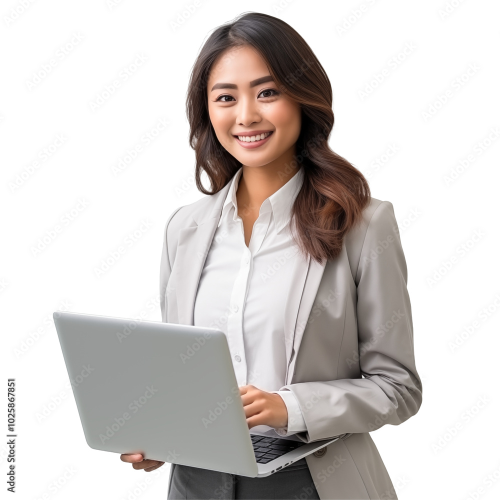 A smiling professional woman working on a laptop against a neutral background in a business outfit, promoting a confident work environment A smiling professional woman working on a laptop against a neutral background in a business outfit, promoting a confident work environment