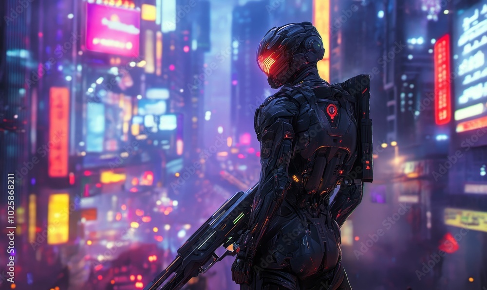 Fototapeta premium Cyberpunk soldier in neon city.