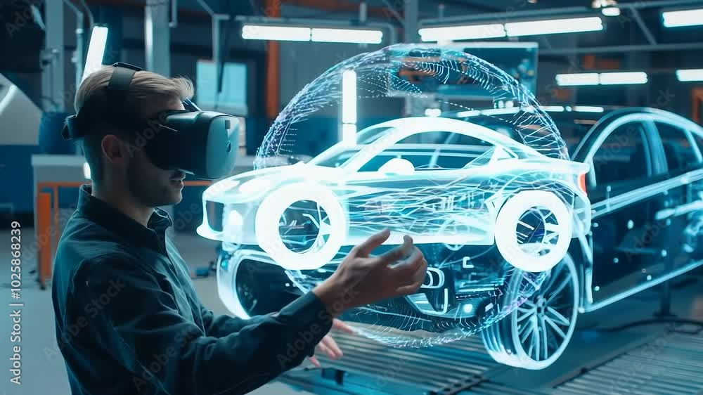 A mechanical engineer immerses in virtual reality to examine a car's technical issues, using advanced technology for detailed analysis and enhanced understanding of automotive mechanisms.