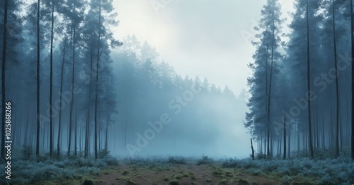 Foggy forest with towering pine trees, early morning light, ethereal atmosphere