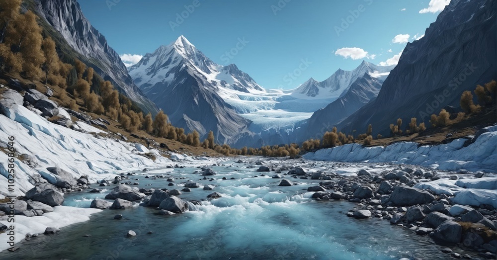 Majestic glacier-fed river flowing through a mountain valley Majestic glacier-fed river flowing through a mountain valley