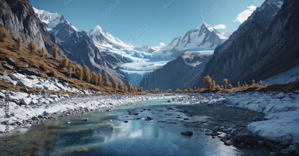 Majestic glacier-fed river flowing through a mountain valley Majestic glacier-fed river flowing through a mountain valley