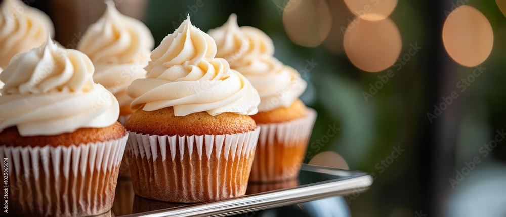 A tight shot of a tray filled with cupcakes, each topped with pristine white frosting A tight shot of a tray filled with cupcakes, each topped with pristine white frosting