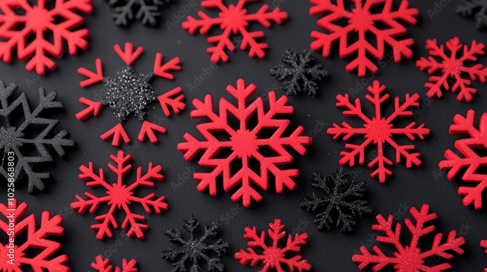 Sleek red and black snowflake ornaments, sparkling effect, 3D illustration Sleek red and black snowflake ornaments, sparkling effect, 3D illustration