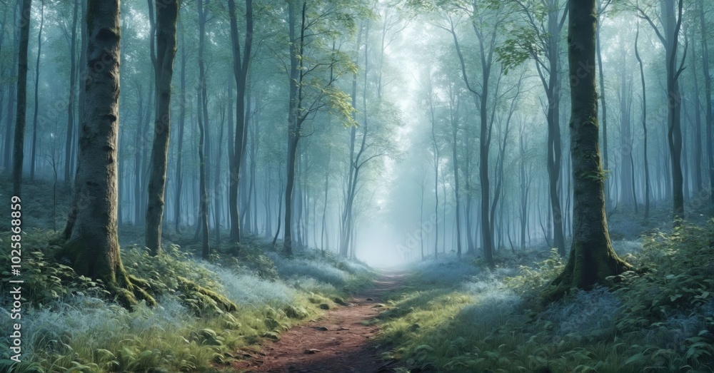 Misty morning in a dense forest, soft light filtering through the trees Misty morning in a dense forest, soft light filtering through the trees
