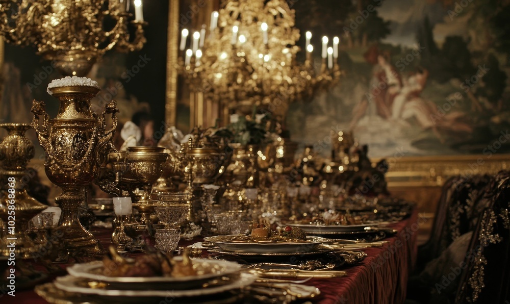 Golden tableware on a formal dining table. Golden tableware on a formal dining table.