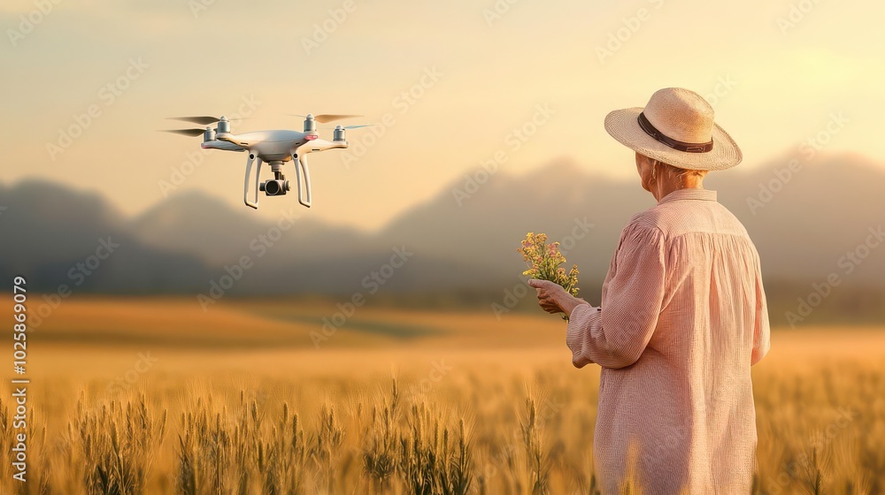 Elderly woman using a drone to monitor crops on a futuristic farm, aerial perspective, Cyberpunk, Monochromatic, Drone technology Elderly woman using a drone to monitor crops on a futuristic farm, aerial perspective, Cyberpunk, Monochromatic, Drone technology