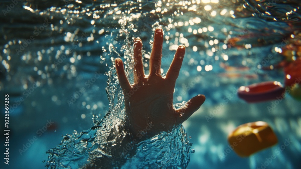 A submerged hand reaches out from the water, surrounded by colorful floating toys. A submerged hand reaches out from the water, surrounded by colorful floating toys.